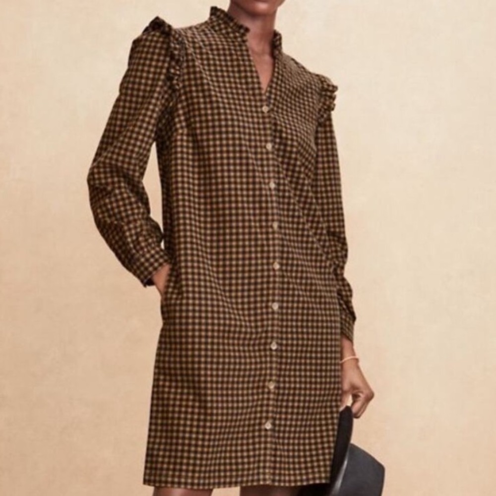 Garnet Hill Daphne Corduroy Dress Brown Check Plaid Gingham Ruffle Mock Neck M